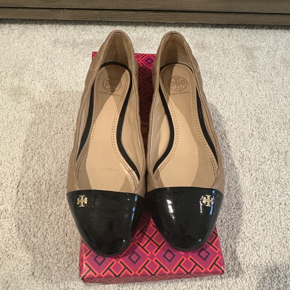 Tory Burch Beige and Black Patent Cap-Toe Flats